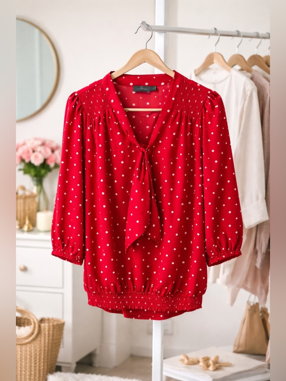 The Limited Red Polka Dot Tie Neck Blouse Smocked Detail Size S